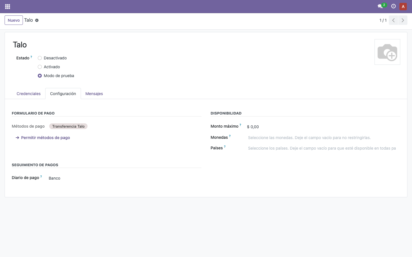 Pestaña Configuración del proveedor Talo con el método de pago Transferencia Talo