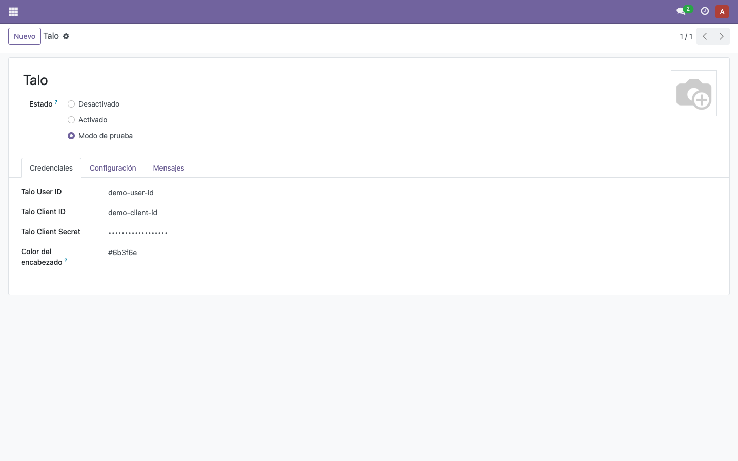 Formulario del proveedor Talo en Odoo: estado Modo de prueba y pestaña Credenciales con User ID, Client ID y Client Secret