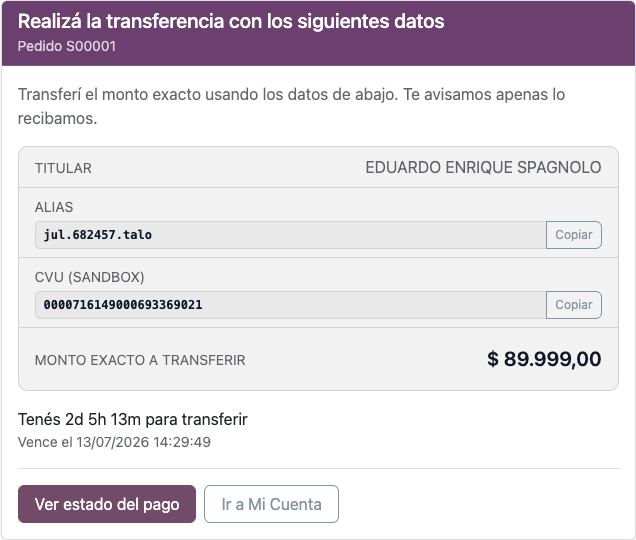 Pantalla de instrucciones de transferencia Talo en Odoo con Alias, CVU sandbox y monto